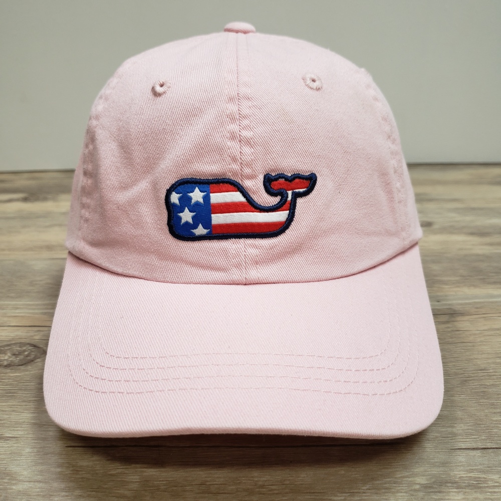 Vineyard Vines Whale Hat Cap Strap Back Mens One Size Pink USA Flag Cotton Adj